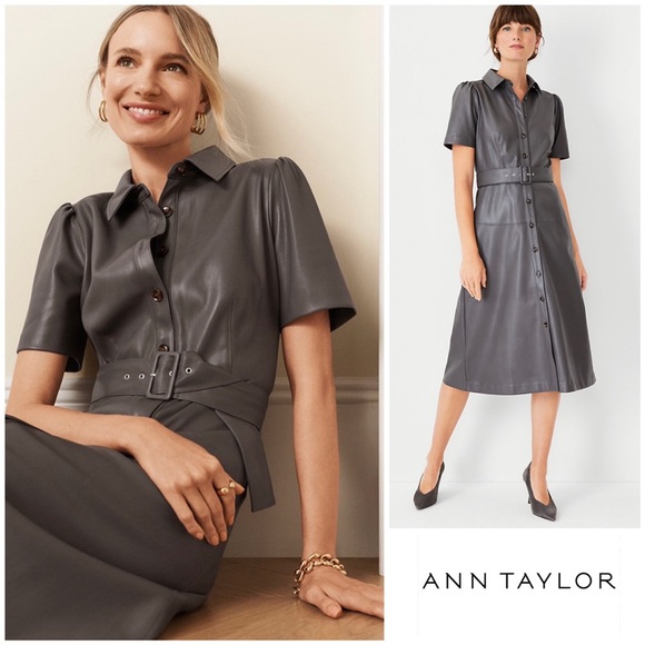 ▫️NWT Ann Taylor Faux Leather Short Sleeve Belted
Midi Shirtdress in Alley Gray - Picture 1 of 14